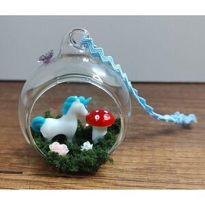 Handmade Glass Diorama Christmas Ornament Terrarium Fairy Garden Unicorn Rose